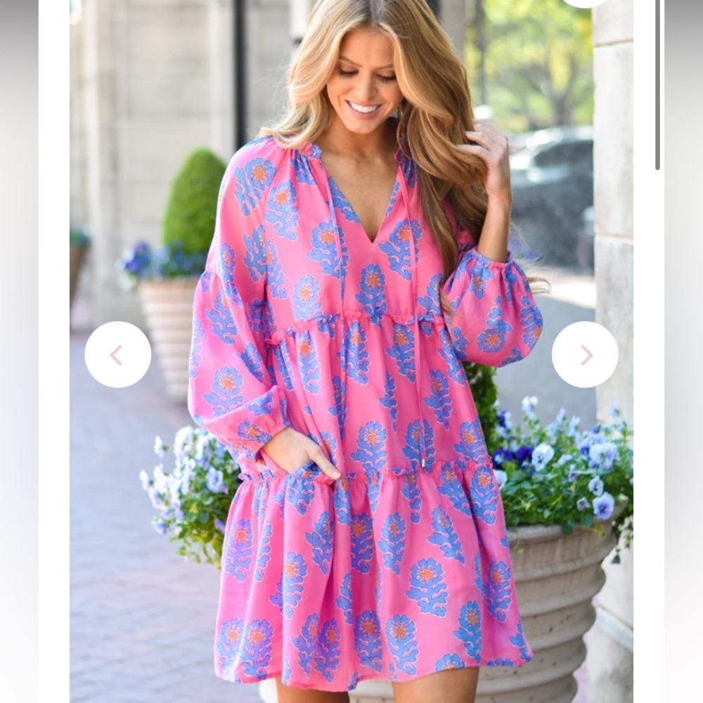 J. marie piper long sleeve dress pink silk blend casual ruffle spring $130 party